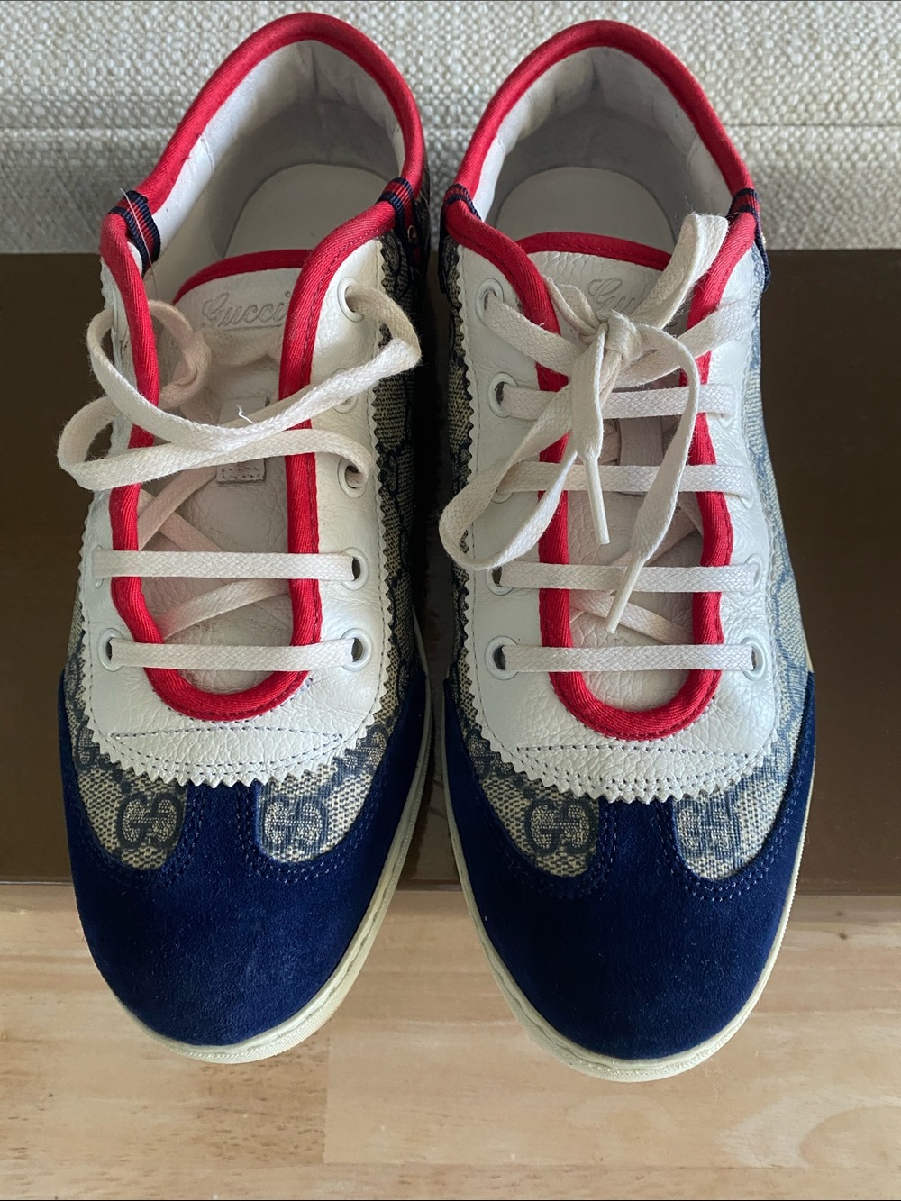 Ladies Gucci Sneakers red white and blue suede front size 38